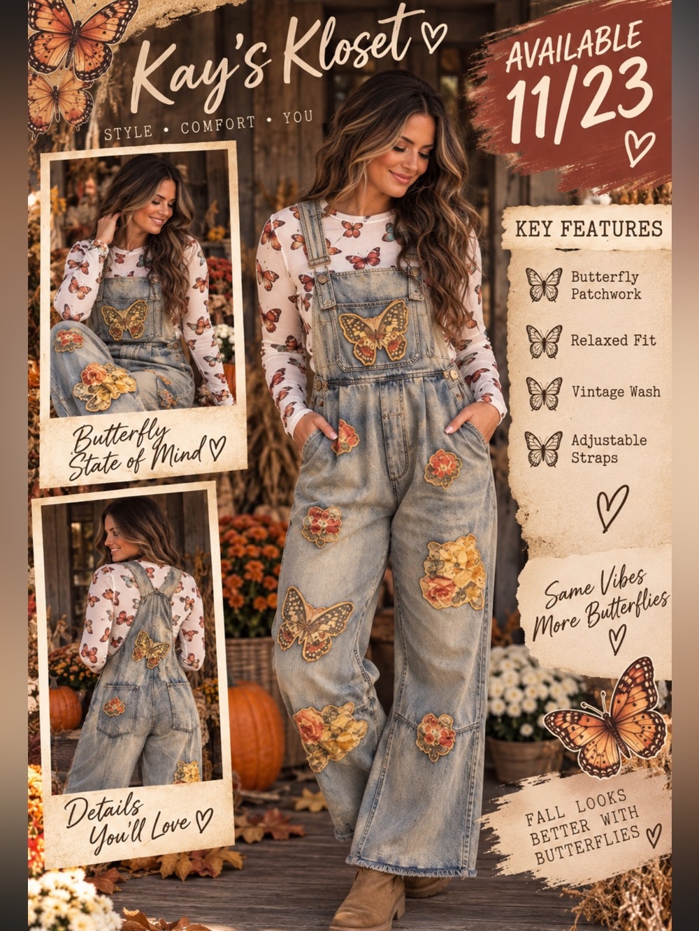 BW90-(ETA 11/23)๐ฆ๐งก๐ Womenโs Butterfly Patchwork Denim Overalls -